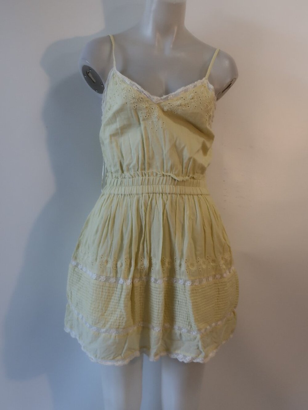 Women LoveShackFancy Butter Yellow White (Item-417) Strappy Eyelet Mini Dress XS